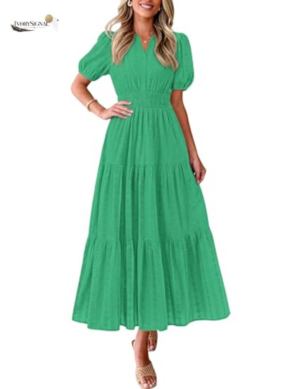 Womens Cotton Eyelet Maxi Dress Puff Sleeve V Neck Smocked Flowy A Line